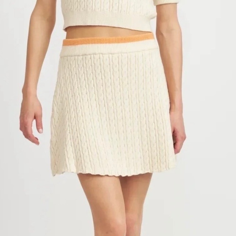 En Saison Jodi Cream Cable Knit Mini Skirt Orange Trim Preppy A-Line Large